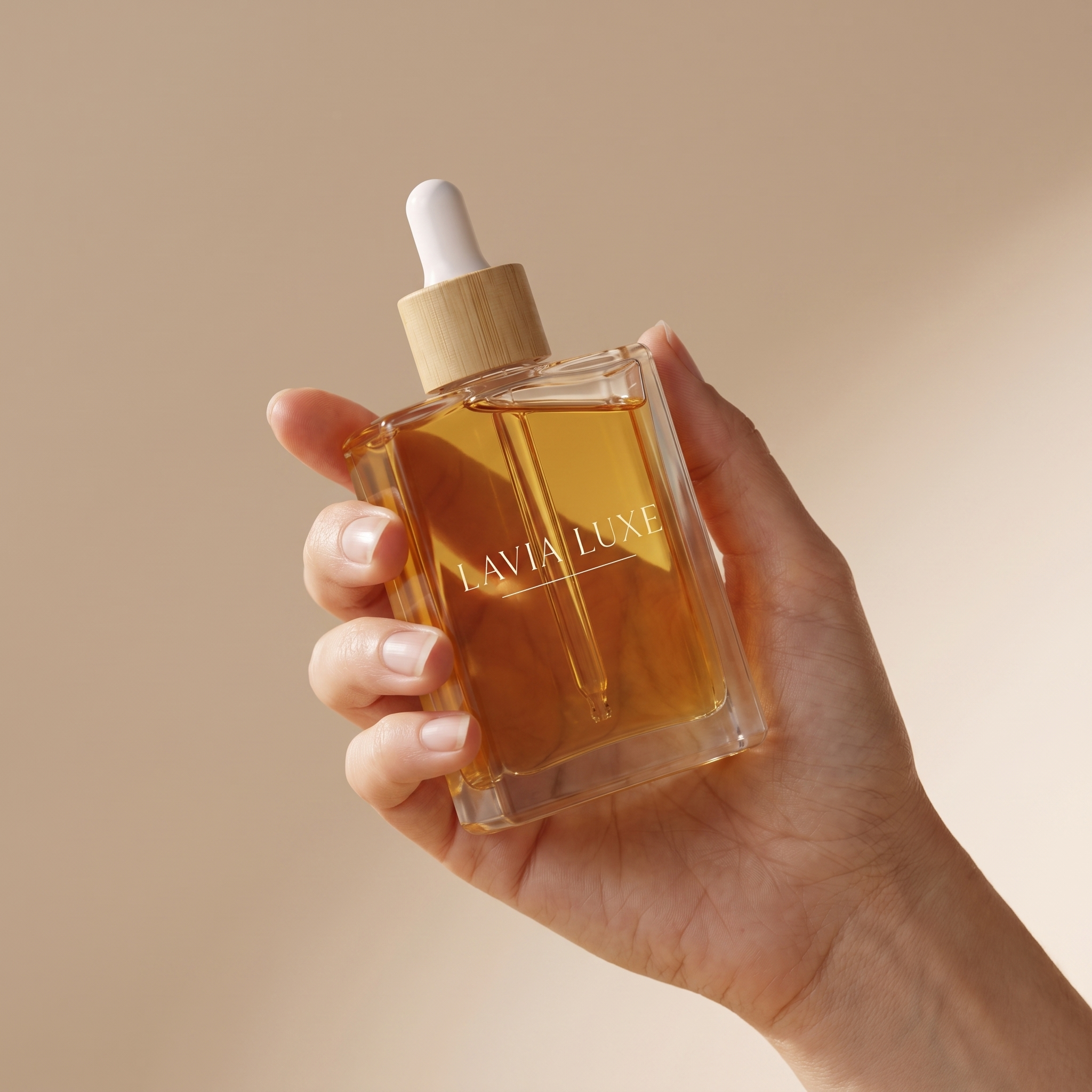 Hand hält den Lavia Luxe Glasflakon